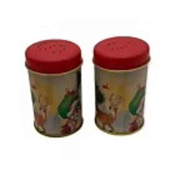 Old Fashioned Santa Christmas Scene Tin Salt & Pepper Shakers Preowned with Box - Picture 4 of 6